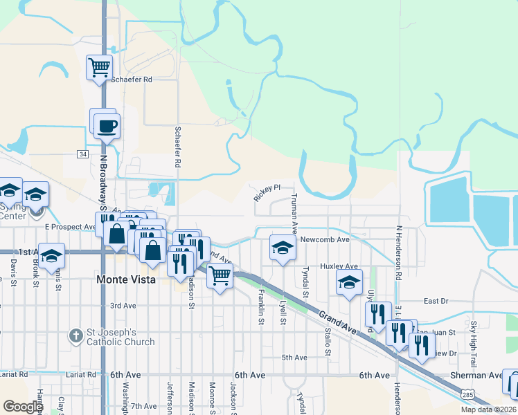 map of restaurants, bars, coffee shops, grocery stores, and more near 10 Rickey Pl in Monte Vista