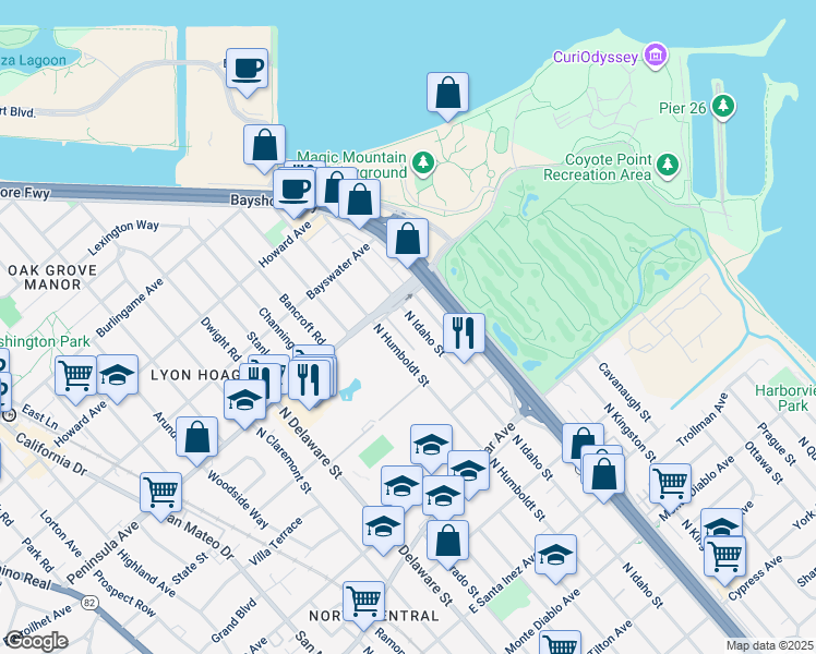 map of restaurants, bars, coffee shops, grocery stores, and more near 841 North Idaho Street in San Mateo