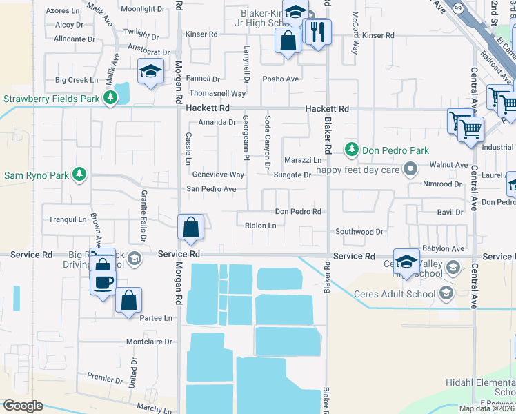 map of restaurants, bars, coffee shops, grocery stores, and more near 3821 Red Haven Lane in Ceres