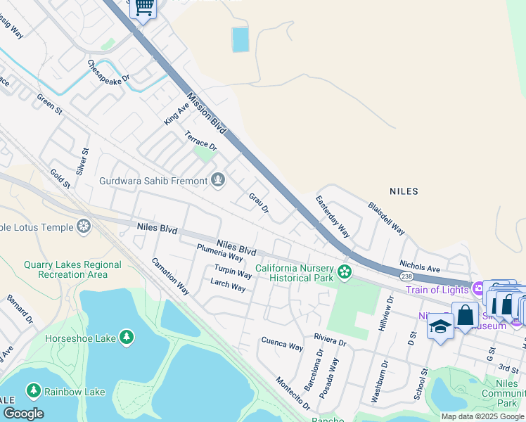 map of restaurants, bars, coffee shops, grocery stores, and more near 303 Grau Drive in Fremont