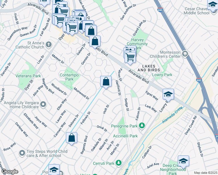 map of restaurants, bars, coffee shops, grocery stores, and more near 32700 Hilmar Street in Union City