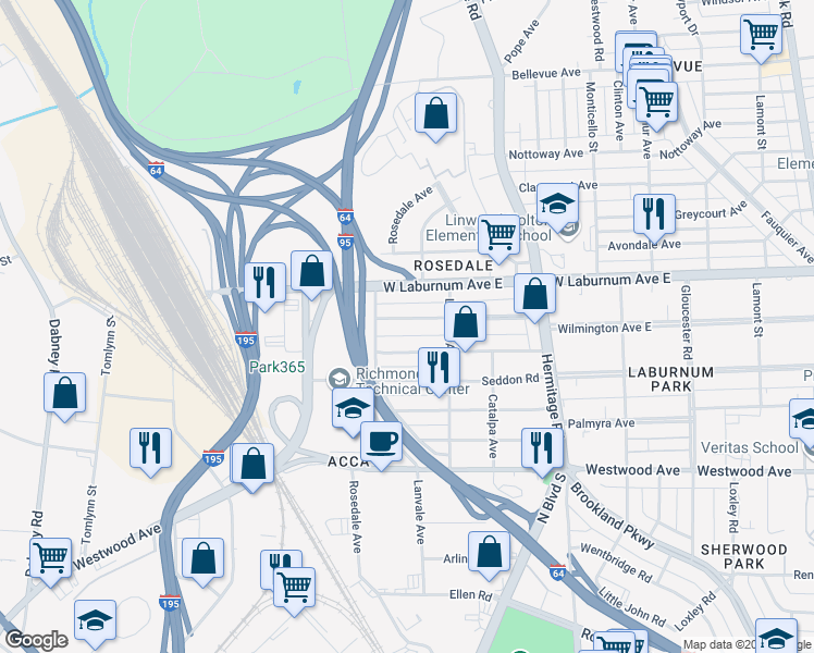 map of restaurants, bars, coffee shops, grocery stores, and more near 1919 Wilmington Avenue in Richmond