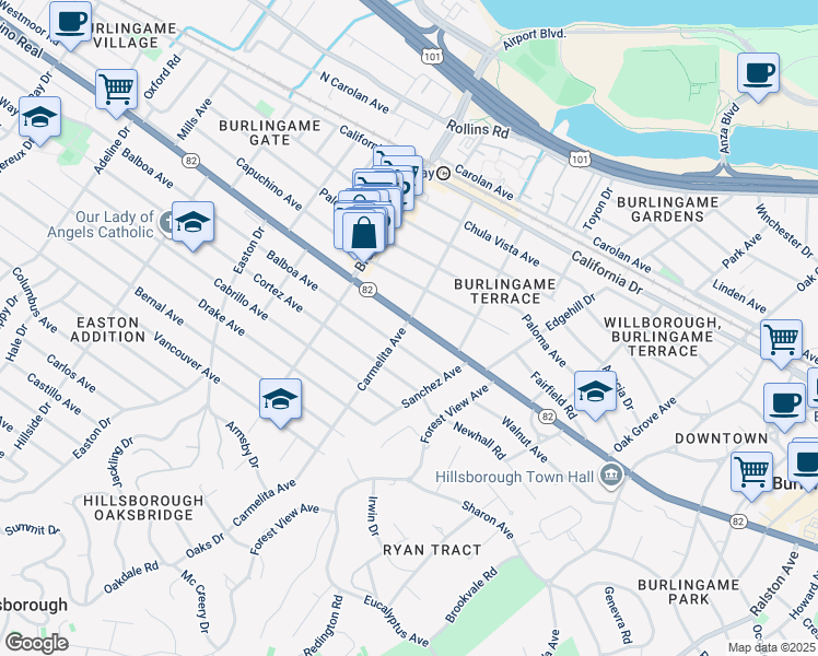 map of restaurants, bars, coffee shops, grocery stores, and more near 1501 Carmelita Avenue in Burlingame