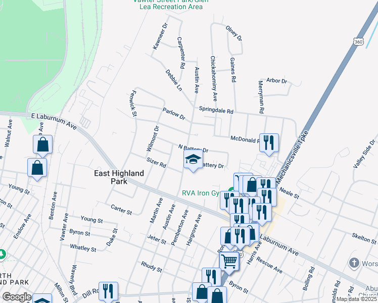 map of restaurants, bars, coffee shops, grocery stores, and more near 4007 Austin Avenue in Richmond