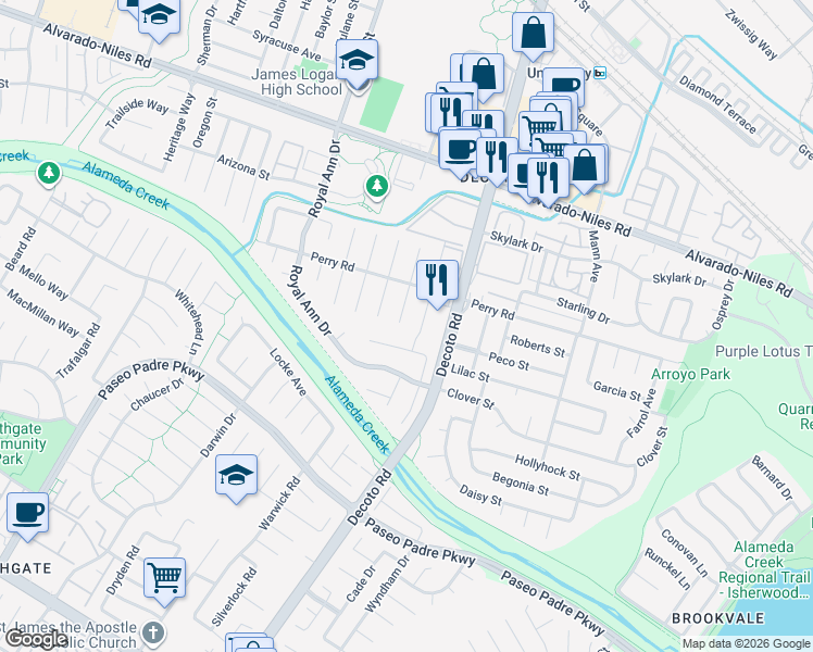 map of restaurants, bars, coffee shops, grocery stores, and more near 2580 Early Rivers Court in Union City