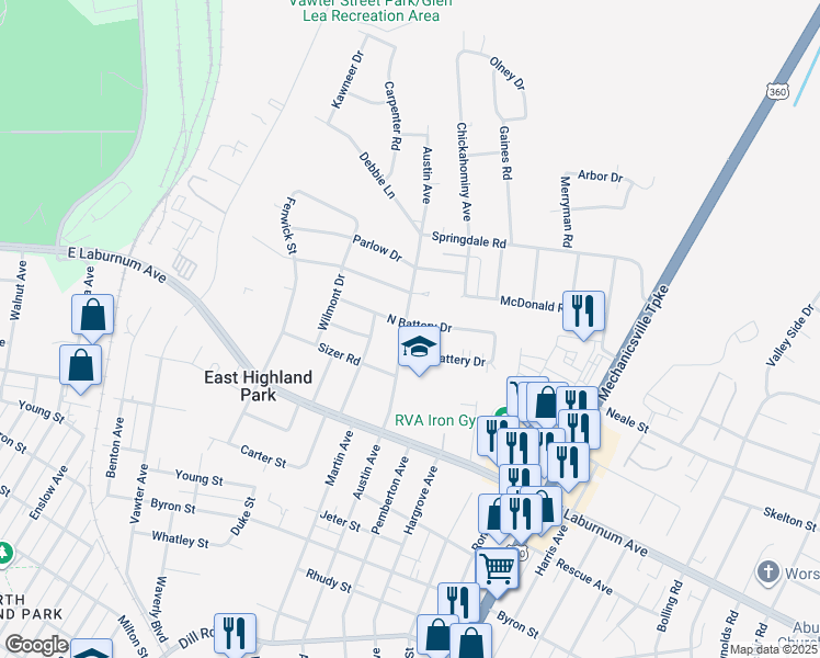 map of restaurants, bars, coffee shops, grocery stores, and more near 4007 Austin Avenue in Richmond