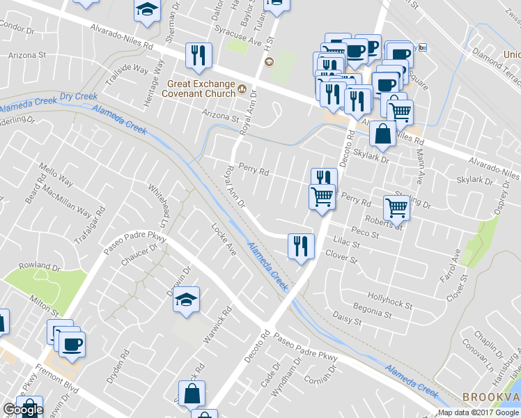 map of restaurants, bars, coffee shops, grocery stores, and more near 2636 Rainier Court in Union City