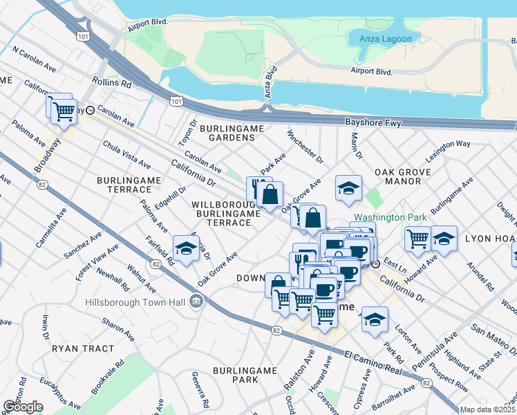 map of restaurants, bars, coffee shops, grocery stores, and more near 888 San Mateo Avenue in Burlingame