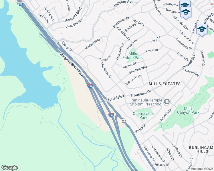map of restaurants, bars, coffee shops, grocery stores, and more near 380 Vallejo Drive in Millbrae