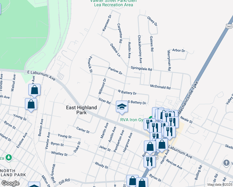 map of restaurants, bars, coffee shops, grocery stores, and more near 4011 Arden Road in Richmond