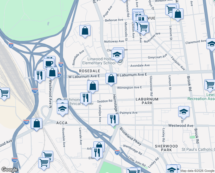 map of restaurants, bars, coffee shops, grocery stores, and more near 1707 Wilmington Avenue in Richmond