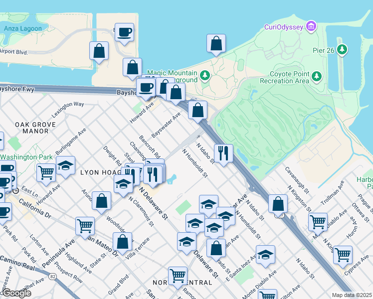 map of restaurants, bars, coffee shops, grocery stores, and more near 864 North Humboldt Street in San Mateo