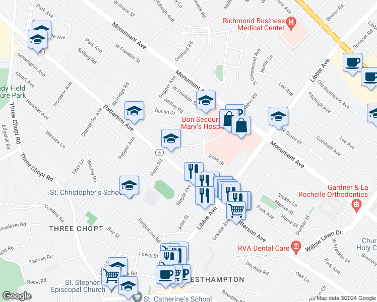 map of restaurants, bars, coffee shops, grocery stores, and more near 920 Sabot Street in Richmond