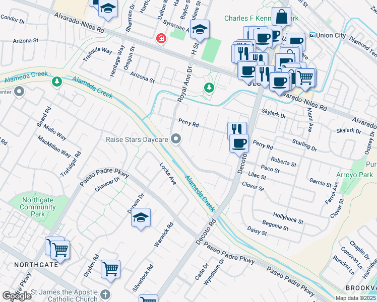 map of restaurants, bars, coffee shops, grocery stores, and more near 2632 Rainier Court in Union City