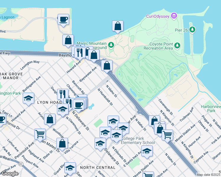 map of restaurants, bars, coffee shops, grocery stores, and more near 841 North Idaho Street in San Mateo