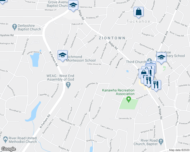 map of restaurants, bars, coffee shops, grocery stores, and more near 404 Poplar Hill Court in Richmond