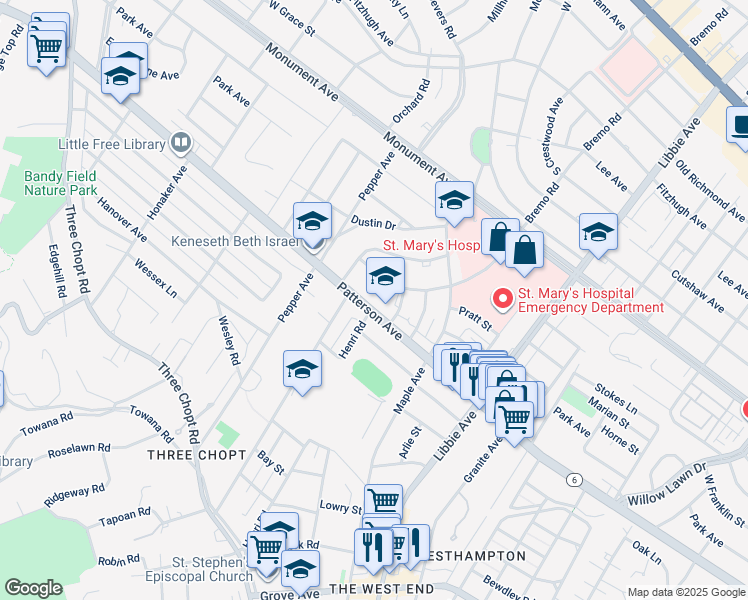 map of restaurants, bars, coffee shops, grocery stores, and more near 6108 Patterson Avenue in Richmond
