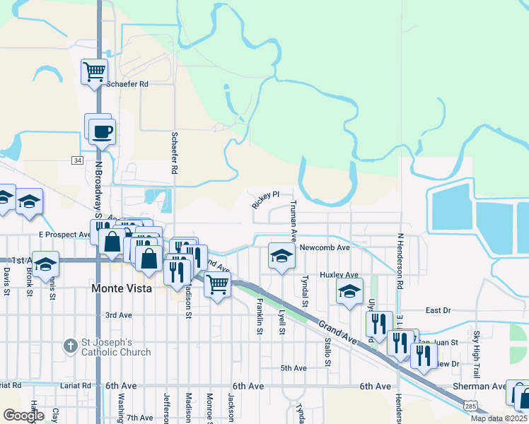 map of restaurants, bars, coffee shops, grocery stores, and more near 10 Rickey Pl in Monte Vista