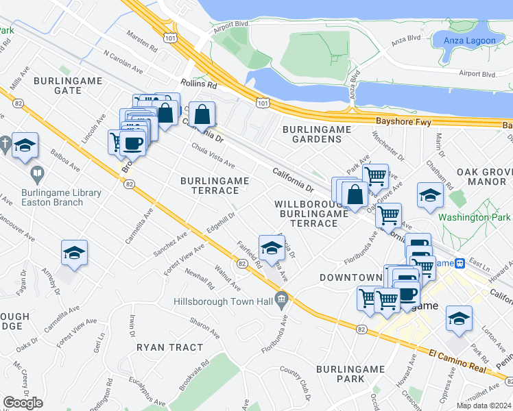 map of restaurants, bars, coffee shops, grocery stores, and more near 846 Acacia Drive in Burlingame
