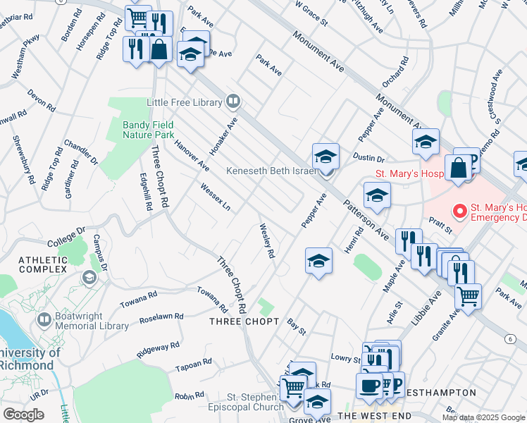 map of restaurants, bars, coffee shops, grocery stores, and more near 6406 Hanover Avenue in Richmond