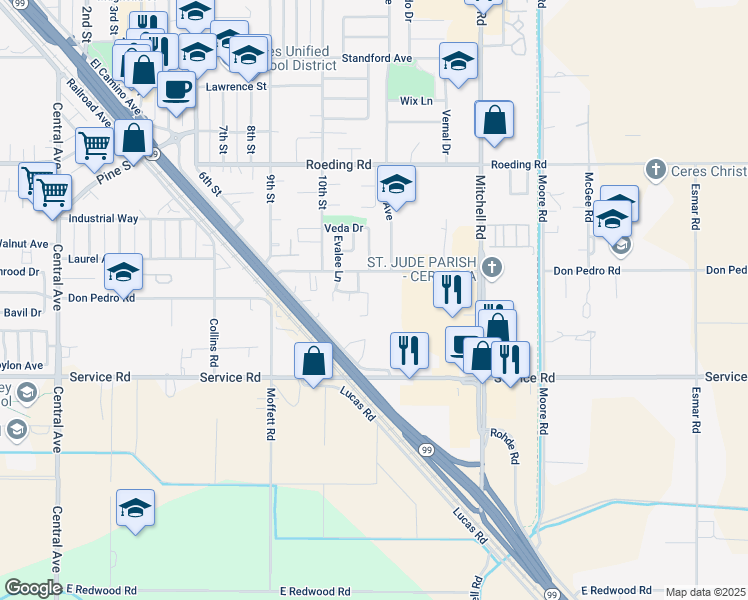 map of restaurants, bars, coffee shops, grocery stores, and more near 3804 Christy Lane in Ceres