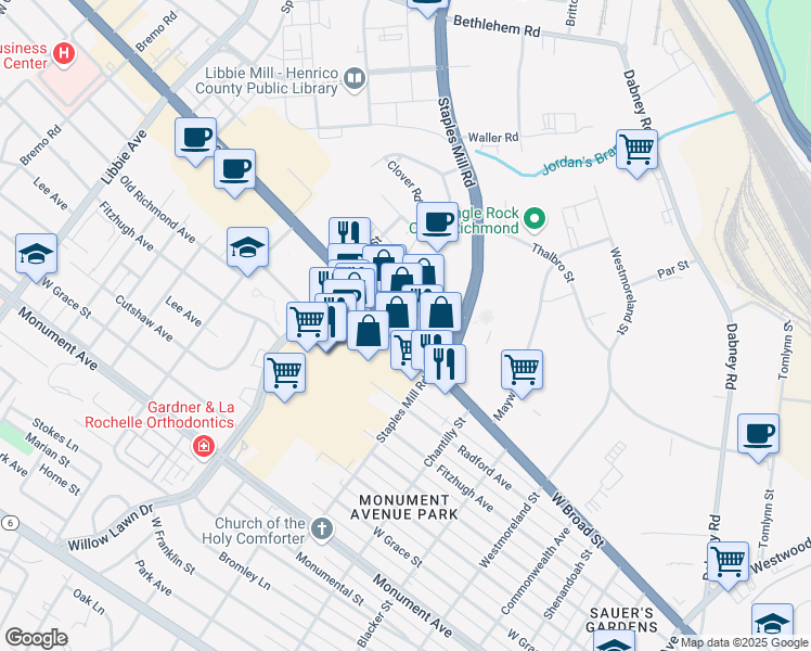 map of restaurants, bars, coffee shops, grocery stores, and more near 4915 West Broad Street in Richmond