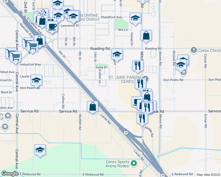 map of restaurants, bars, coffee shops, grocery stores, and more near 3804 Christy Lane in Ceres