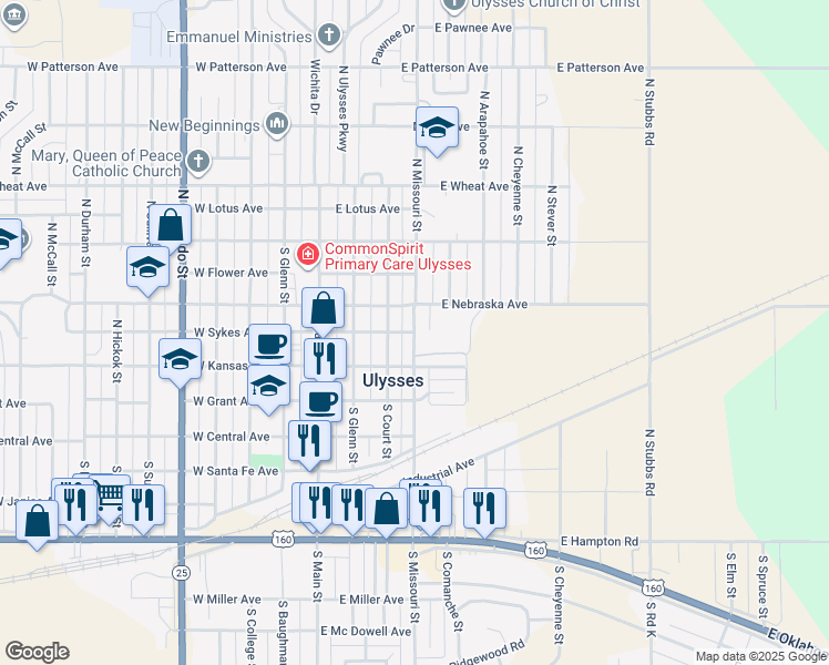 map of restaurants, bars, coffee shops, grocery stores, and more near 288 North Missouri Street in Ulysses