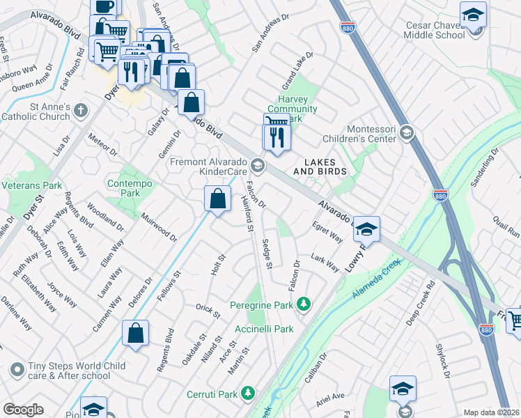 map of restaurants, bars, coffee shops, grocery stores, and more near 32945 Falcon Drive in Fremont