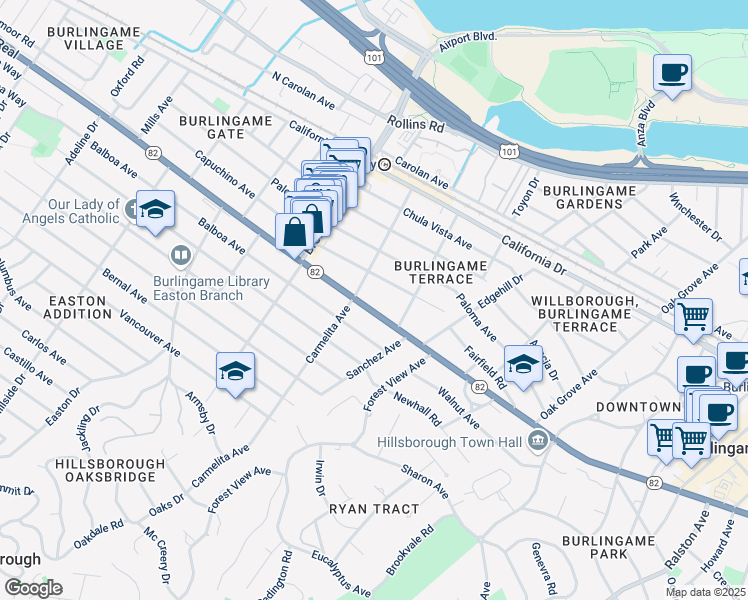 map of restaurants, bars, coffee shops, grocery stores, and more near 1008 El Camino Real in Burlingame