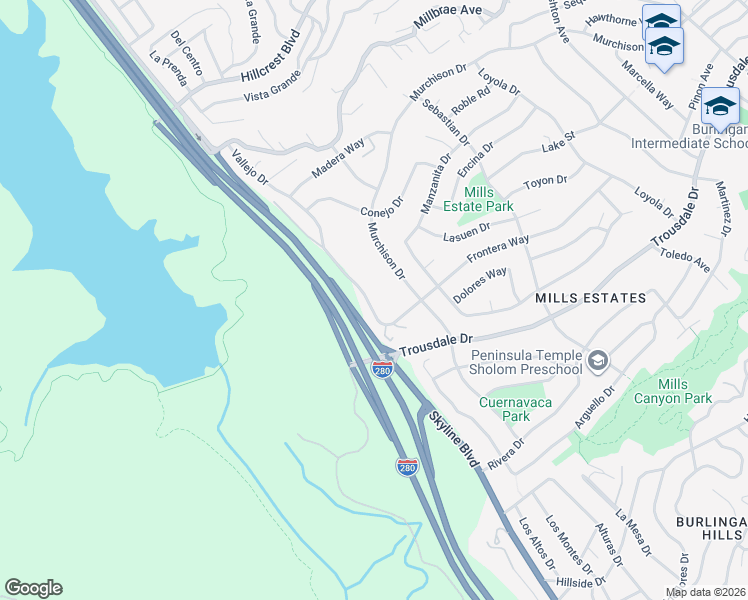 map of restaurants, bars, coffee shops, grocery stores, and more near 380 Vallejo Drive in Millbrae