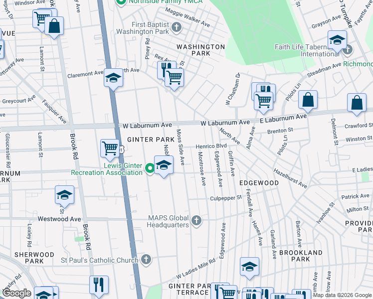 map of restaurants, bars, coffee shops, grocery stores, and more near 3608 Moss Side Avenue in Richmond