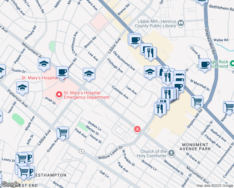 map of restaurants, bars, coffee shops, grocery stores, and more near 5318 West Grace Street in Richmond