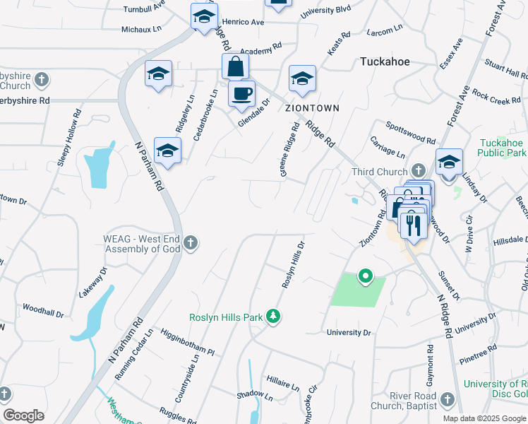 map of restaurants, bars, coffee shops, grocery stores, and more near 404 Poplar Hill Court in Richmond