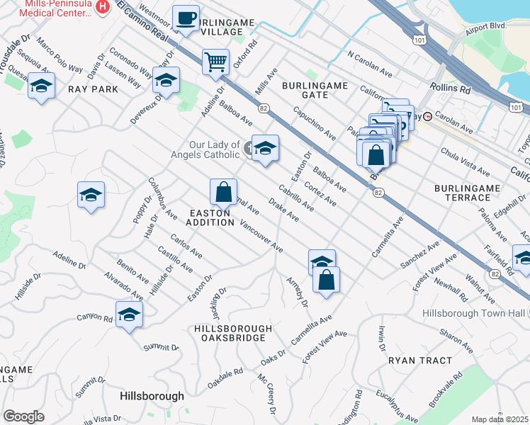 map of restaurants, bars, coffee shops, grocery stores, and more near 1316 Bernal Avenue in Burlingame