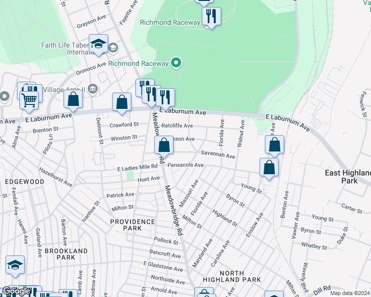 map of restaurants, bars, coffee shops, grocery stores, and more near 619 Savannah Avenue in Richmond