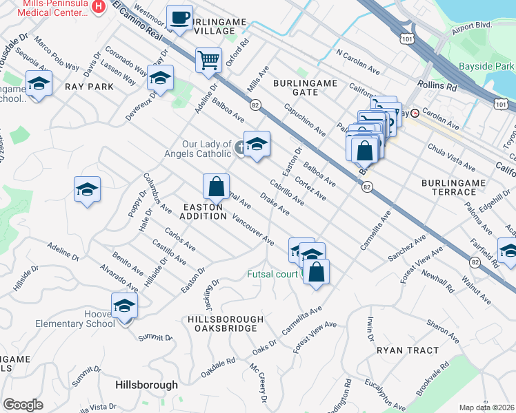 map of restaurants, bars, coffee shops, grocery stores, and more near 1316 Bernal Avenue in Burlingame