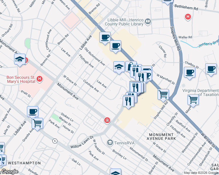 map of restaurants, bars, coffee shops, grocery stores, and more near 5205 Lee Avenue in Richmond