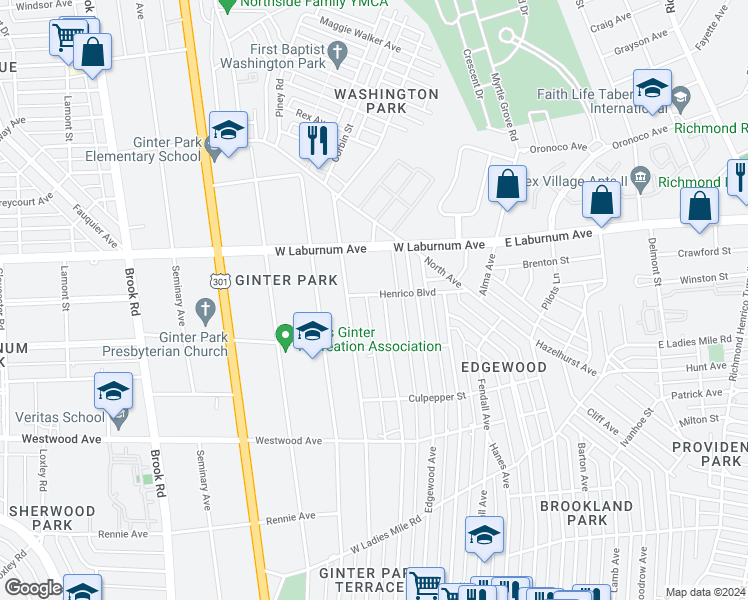 map of restaurants, bars, coffee shops, grocery stores, and more near 3614 Montrose Avenue in Richmond