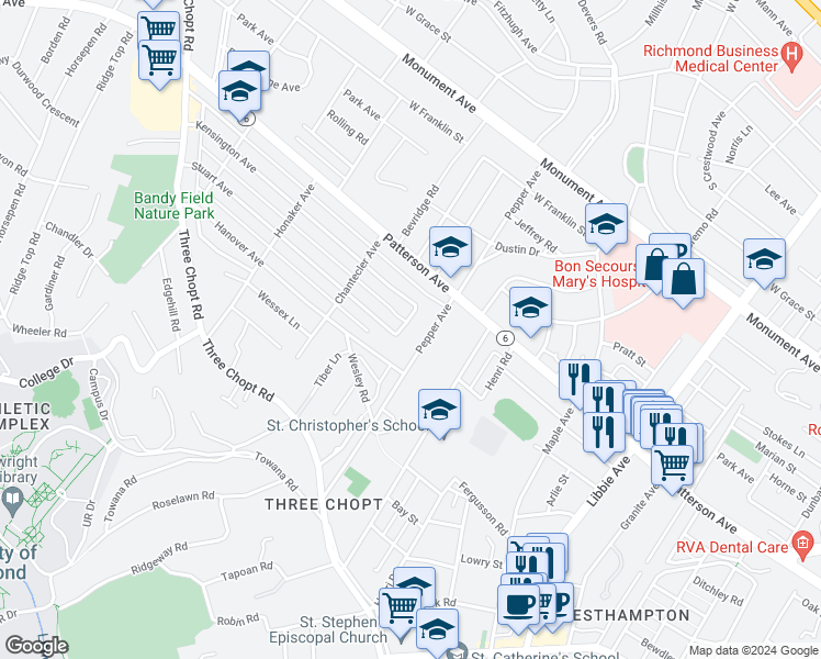 map of restaurants, bars, coffee shops, grocery stores, and more near 817 Orchard Road in Richmond