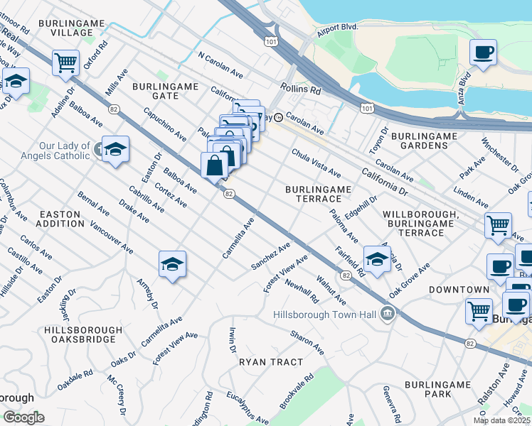 map of restaurants, bars, coffee shops, grocery stores, and more near 1053 El Camino Real in Burlingame