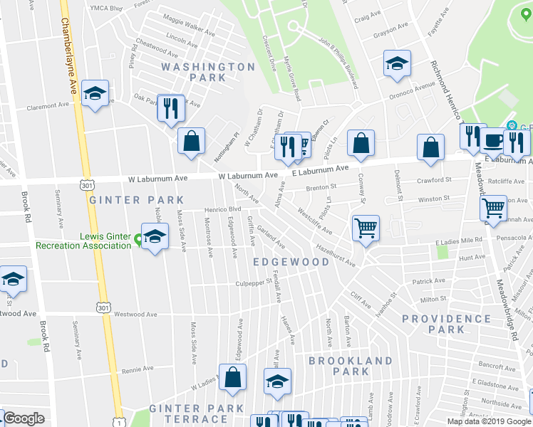 map of restaurants, bars, coffee shops, grocery stores, and more near 3816 North Avenue in Richmond