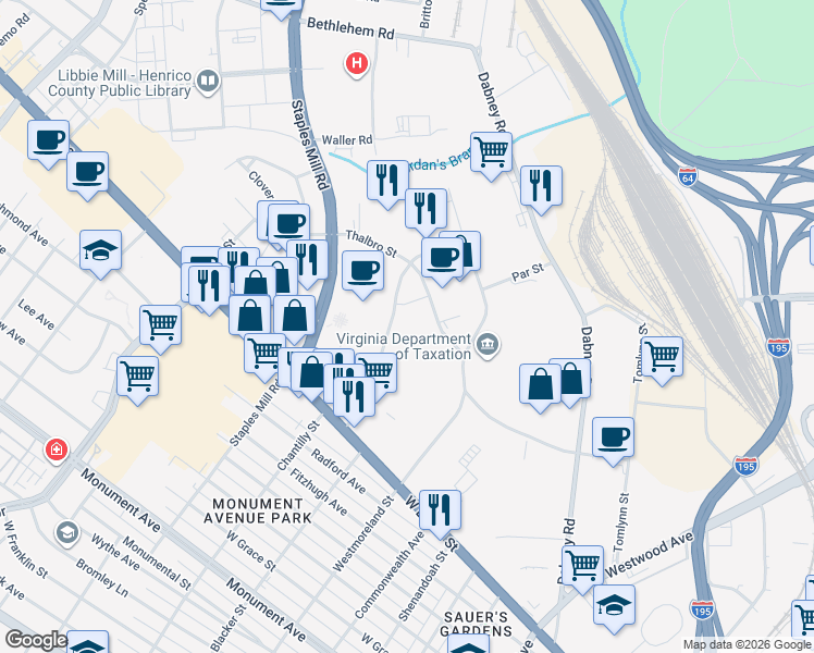 map of restaurants, bars, coffee shops, grocery stores, and more near 2031 Maywill Street in Richmond