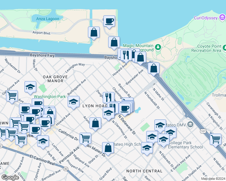 map of restaurants, bars, coffee shops, grocery stores, and more near 109 Channing Road in Burlingame