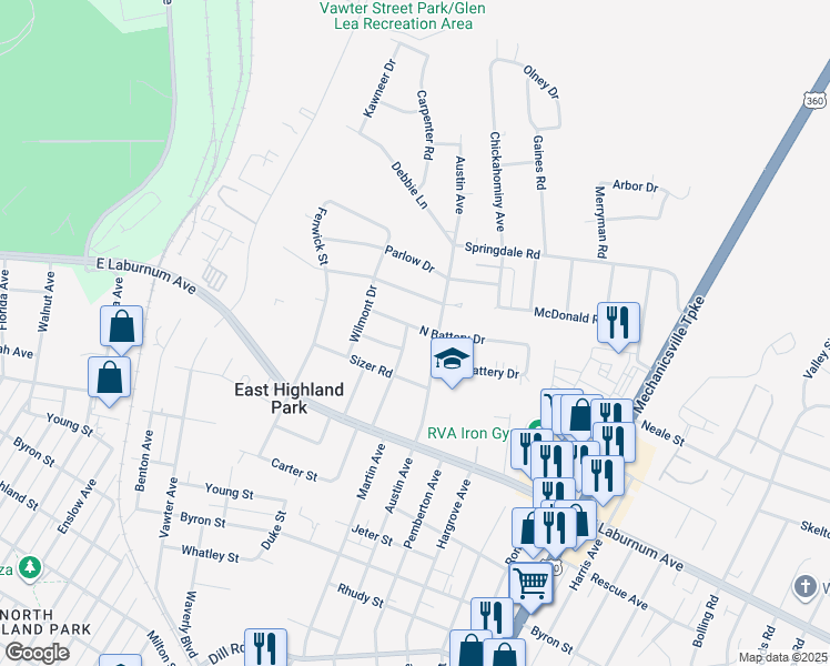map of restaurants, bars, coffee shops, grocery stores, and more near 4013 Arden Road in Richmond