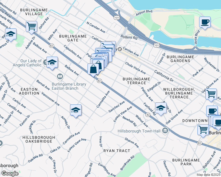 map of restaurants, bars, coffee shops, grocery stores, and more near El Camino Real & Carmelita Avenue in Burlingame
