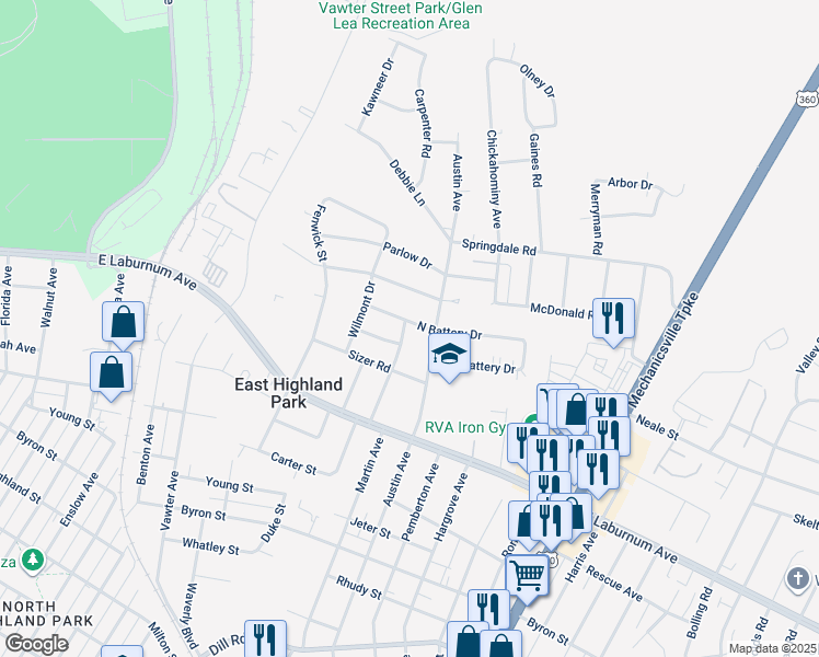 map of restaurants, bars, coffee shops, grocery stores, and more near 4013 Arden Road in Richmond
