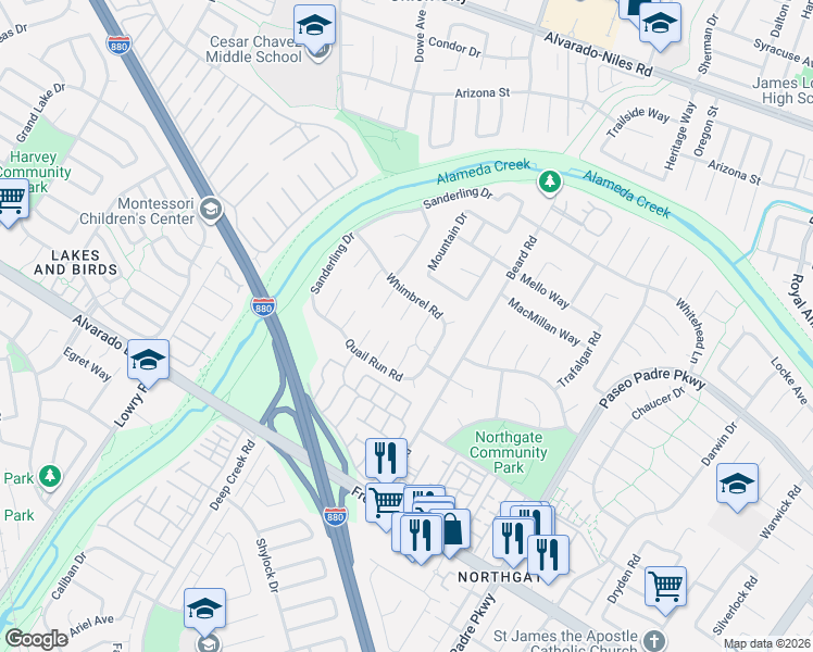 map of restaurants, bars, coffee shops, grocery stores, and more near 33783 Whimbrel Road in Fremont