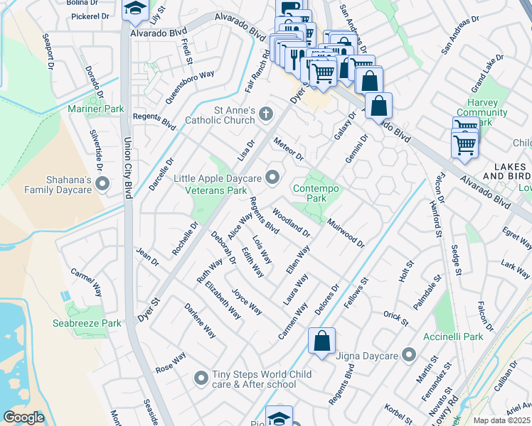 map of restaurants, bars, coffee shops, grocery stores, and more near 4452 Alice Way in Union City