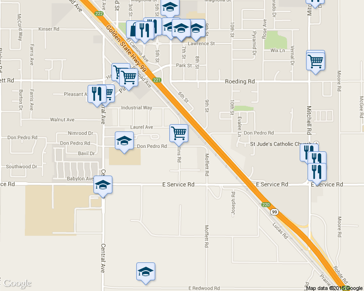 map of restaurants, bars, coffee shops, grocery stores, and more near 2513 Don Pedro Road in Ceres